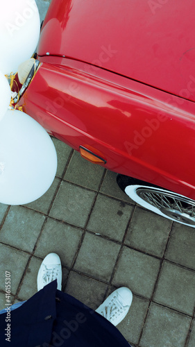 Red classic wedding car top view 