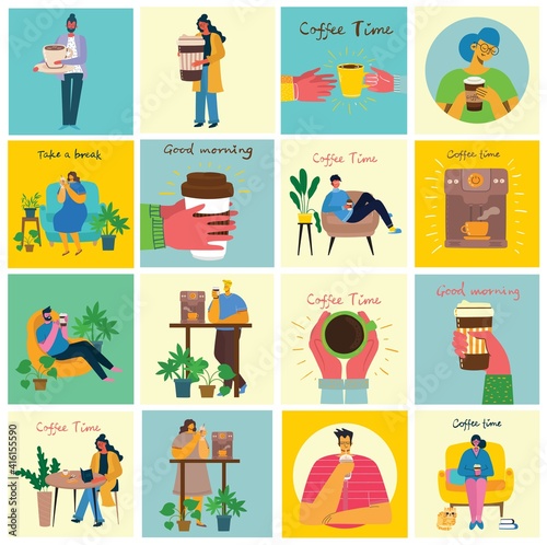 People in a cafe, drink coffee . Flat style vector illustration isolated on white background.