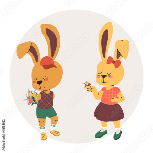 Vector illustration in cartoon style. Bunny girl and bunny boy with flowers. Spring children's greeting card. EPS 10