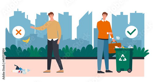 Correct and wrong examples of throwing out garbage outdoors. Male character is disposing trash in container. Concept of recycle rubbish, recycling environment. Flat cartoon vector illustration