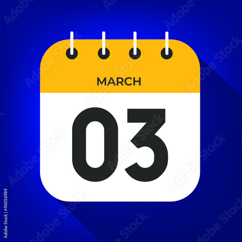 March day 3. Number three on a white paper with yellow color border on a blue background vector.