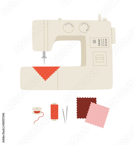 Vector illustration of supplies for sewing isolated on white background. Sewing machine, needles, thread, fabric samples, and spool. Hand-drawn set in flat style. Sewing hobby concept. 