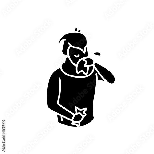 Runny nose glyph icon.Common cold.Flu infection and influenza symptoms Character blowing his nose in a handkerchief.Health problem. Allergy. Filled flat sign. Isolated silhouette vector illustration