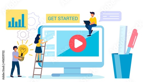 Professional training Webinar Online business courses Presentation  Education Video tutorial Vector flat illustration Design composition market analysis creative solution Сoncept of online meeting