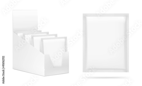 Show box with sachet packaging mockups for food, cosmetic and hygiene. Vector illustration on white background. Ready for your design. EPS10.	