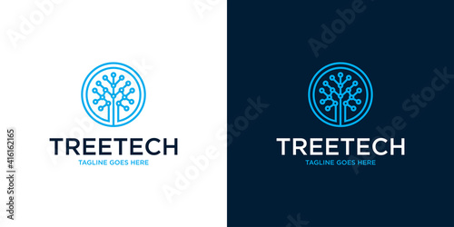 Tree Technology Network connection creative vector logo. Digital tree logotype concept. Cloud storage icon logo design template