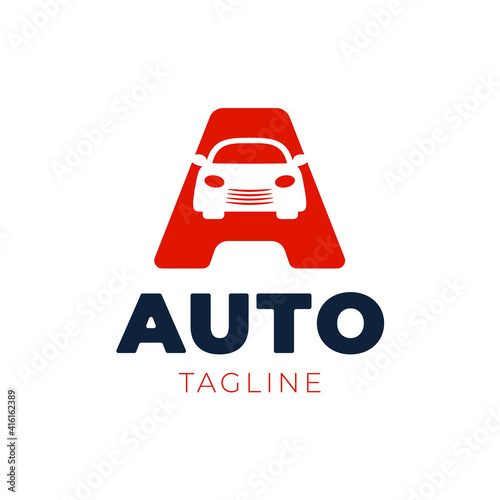 Letter a logo with car in negative space. Speed auto letter vector logotype