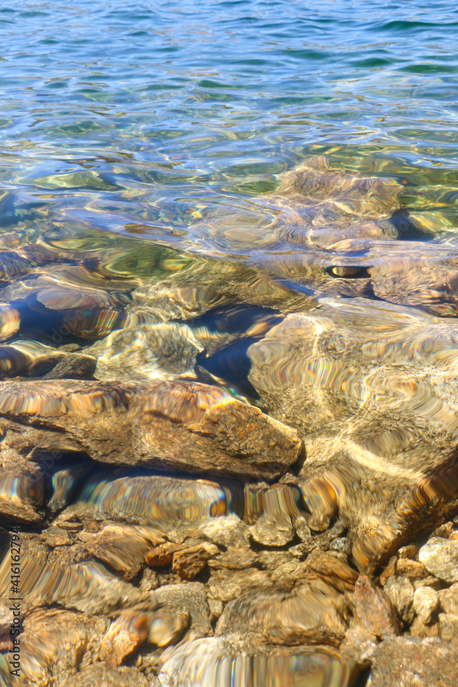 Detail of crystal clear water light reflection on stone underground, colorful distortion, background, Portugal