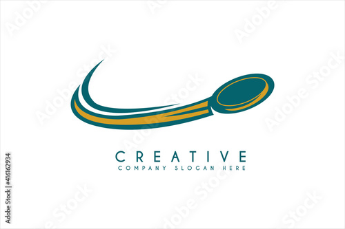Discus throw logo design with swoosh element for sport event isolated on white background