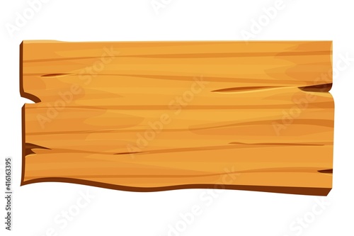 Wood sign, banner, wooden empty plank in cartoon style isolated on white background. Game assets, ui element. Textured material, frame for massage, decoration. 
