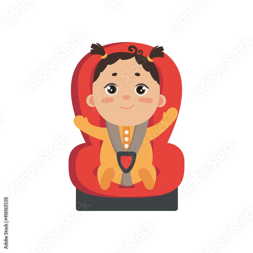 Baby girl in car chair. Cute little fastened girl sitting in automobile seat. Front view of carseat. Vector flat style illustration on white background. 