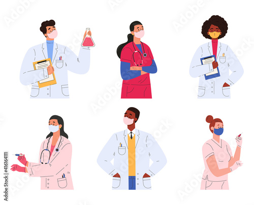 Different doctors, nurses and scientists. Set of people in medical clothes. Women and men in masks hold syringes, prescriptions for treatment. Flat illustration isolated on white background. 