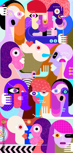 Large group of people abstract art graphic illustration. 