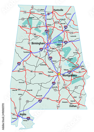 Clean vector map of the state of Alabama and it's Interstate System.