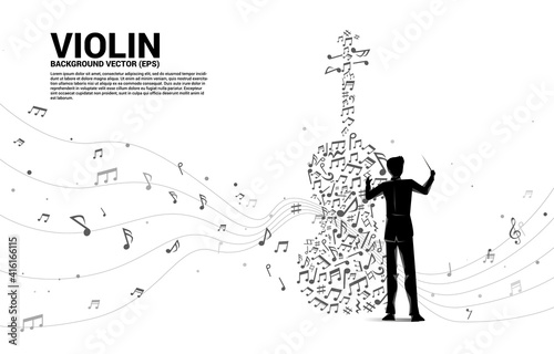 Vector silhouette of conductor hand with music melody note dancing flow shape violin icon . Concept background for song and concert theme.