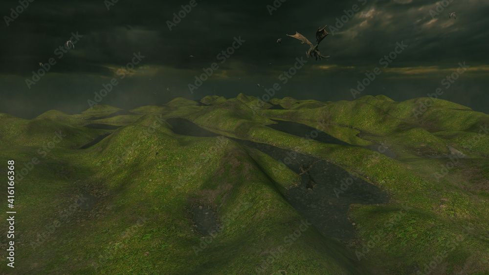 Fantasy landscape with a flying dragon. Fantasy landscape with a flying dragon.