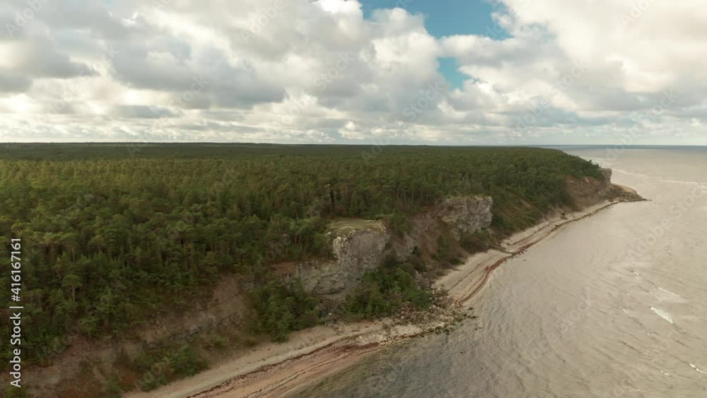 Dramatic green coastline in the Baltic Sea, aerial drone footage Dramatic green coastline in the Baltic Sea, aerial drone footage