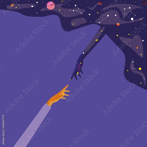 space icon. starry sky. Universe. connection with the universe. hand pointing to space