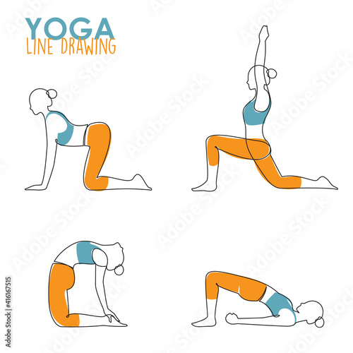 Continuous line drawing of woman yoga pose or asana posture. Female exercising for body stretching. 4 Yoga poses for workout in contour free hand drawing. 