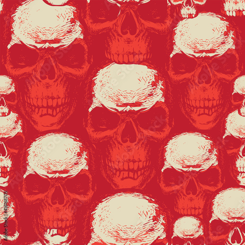 Seamless pattern with hand-drawn human skulls. Abstract vector background with scary skulls on a red backdrop. Suitable for wallpaper, wrapping paper, textiles, design element for halloween party