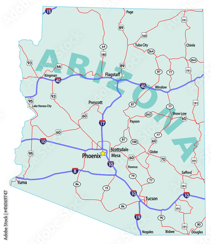 Vector map of the state of Arizona and its Interstate System. photo