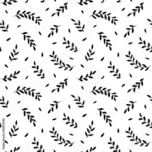 Hand drawn small leaves vector seamless pattern. Tiny vector black branches, twigs with leaves. Black ink texture with foliage. Hand drawn eucalyptus, laurel twig. Abstract plant motif