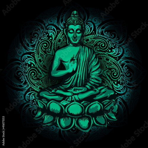 Buddha sitting in the lotus position with an illuminated face on the background of the mandala