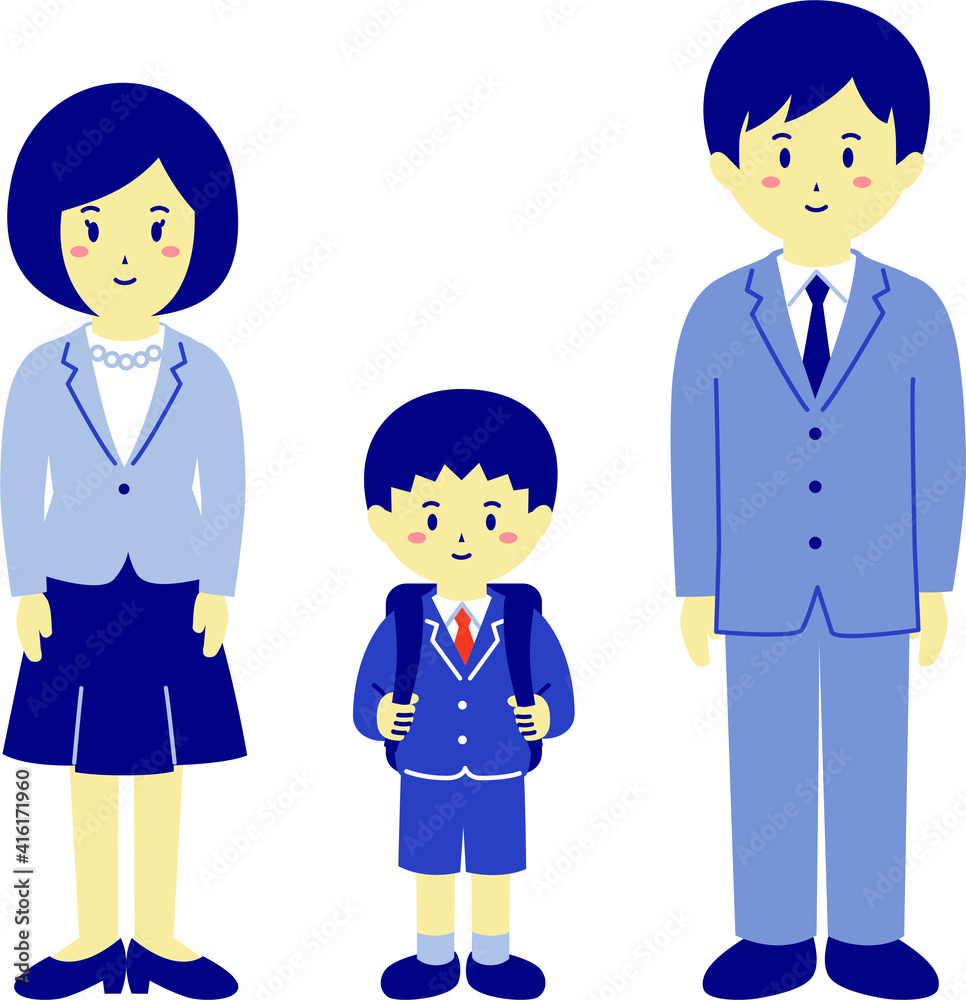 小学校の入学式の親子三人のイラスト（カラー）