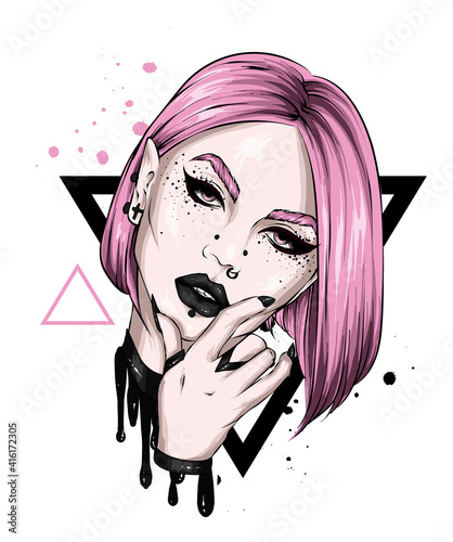 Beautiful girl with piercings. Fashion and Style. Vector illustration, print.