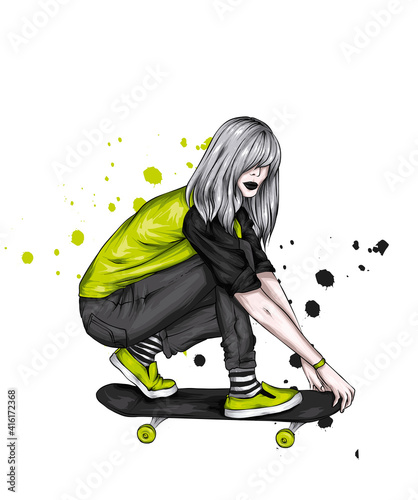 A beautiful girl in stylish clothes sits on a skateboard. Sports and extreme, fashion and style. Vector illustration.