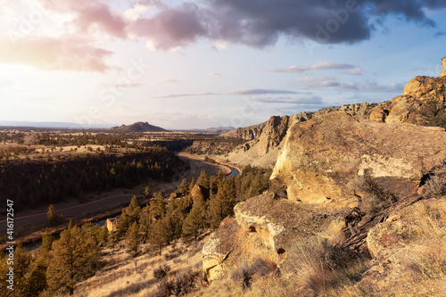 Beautiful American Landscape during a vibrant winter day. Colorful Sunset Sky Art Render. Taken in Smith Rock  Redmond  Oregon  North America. Nature Background