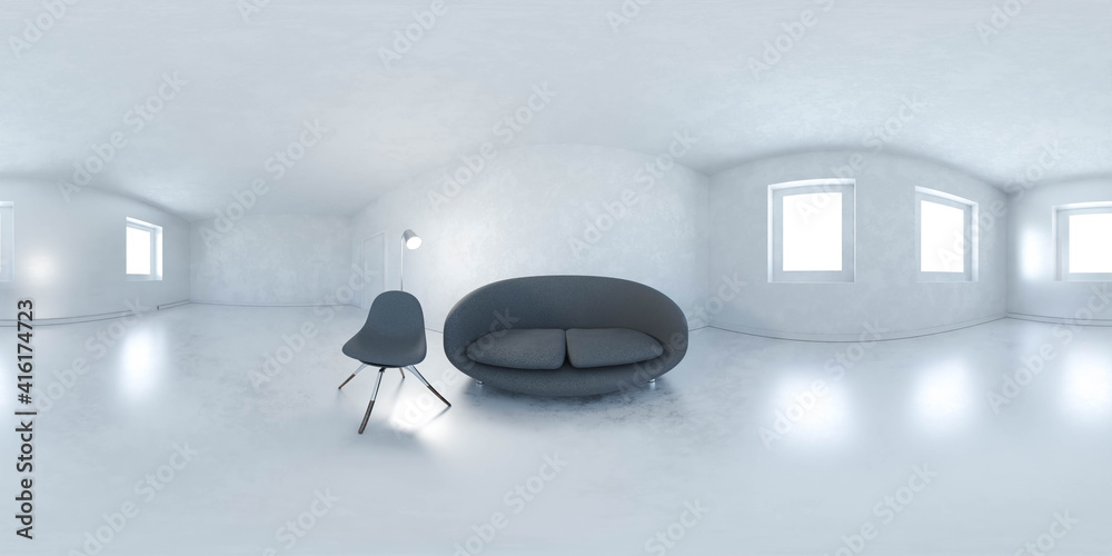 360 panorama view of modern minimalistic big living room interior with  couch and chair 3d render illustration hdri vr style ilustración de Stock |  Adobe Stock