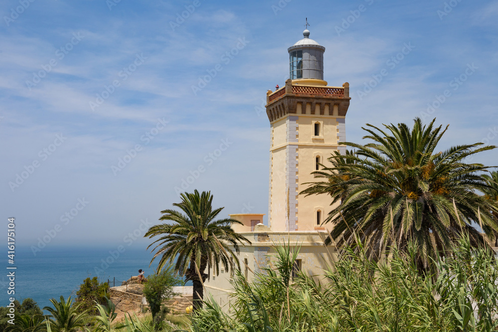 View of the old lighthouse on the Atlantic Ocean coast on the Cape Spartel in northern Morocco.