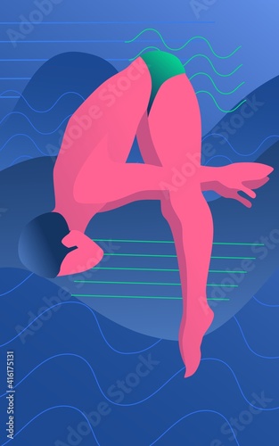 Poster with the diving sportsman. Man in jumping position on a sea blue background. Training or competing in some championship. Simple vector illustration icon in minimalist flat style