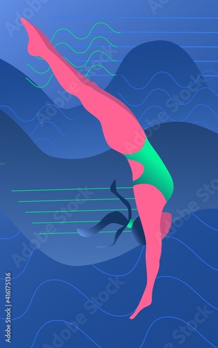 Poster with the diving sportswoman. Woman in jumping position on a sea blue background. Training or competing in some championship. Simple vector illustration icon in minimalist flat style