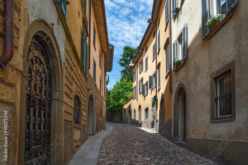 View of the old historic streets in Bergamo. Is a city in the alpine Lombardy region of northern Italy.