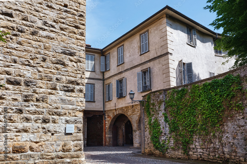 View of the old historic streets in Upper Bergamo (Citta Alta). Bergamo is a city in the alpine Lombardy region of northern