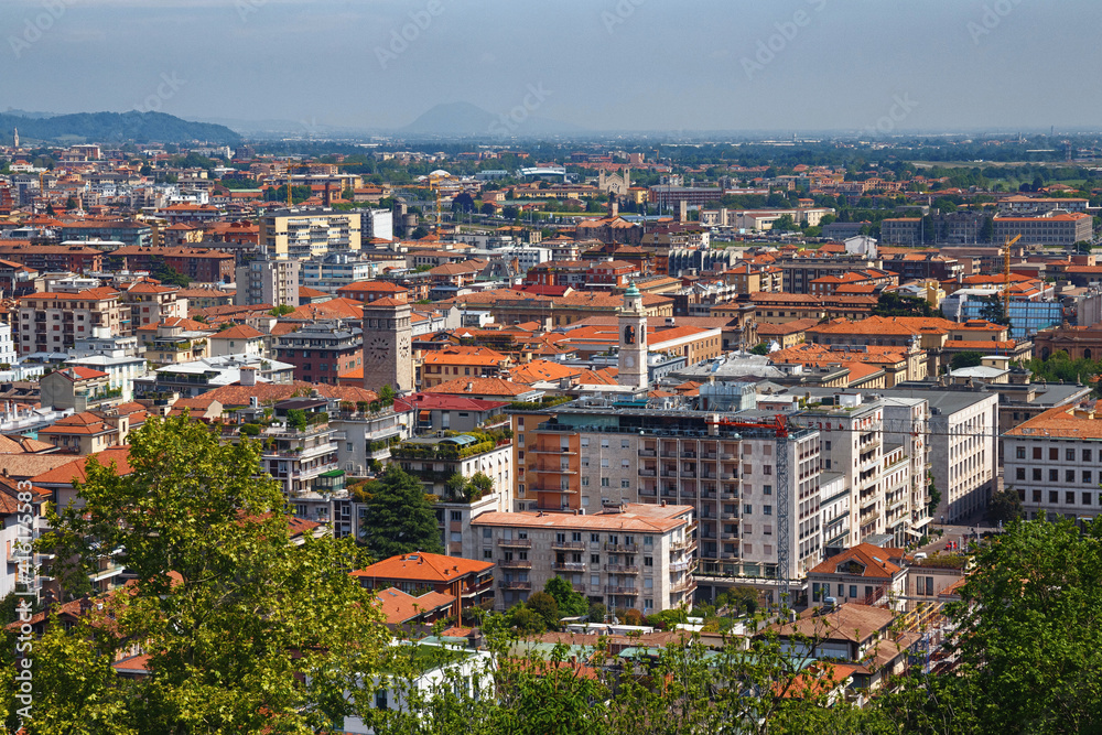Fototapeta premium Aerial view of the old town Bergamo in northern Italy in a sunny day. Bergamo is a city in the Lombardy region.
