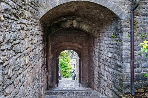 View of the ancient gate in the Fortress of Bergamo (Rocca di Bergamo in Italian). Construction 1331-1336. Italy.