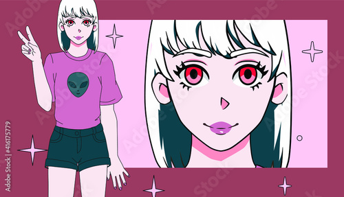 Cartoon grunge anime girl showing victory hand gesture. Stylish trendy female personage in alternative subculture style.