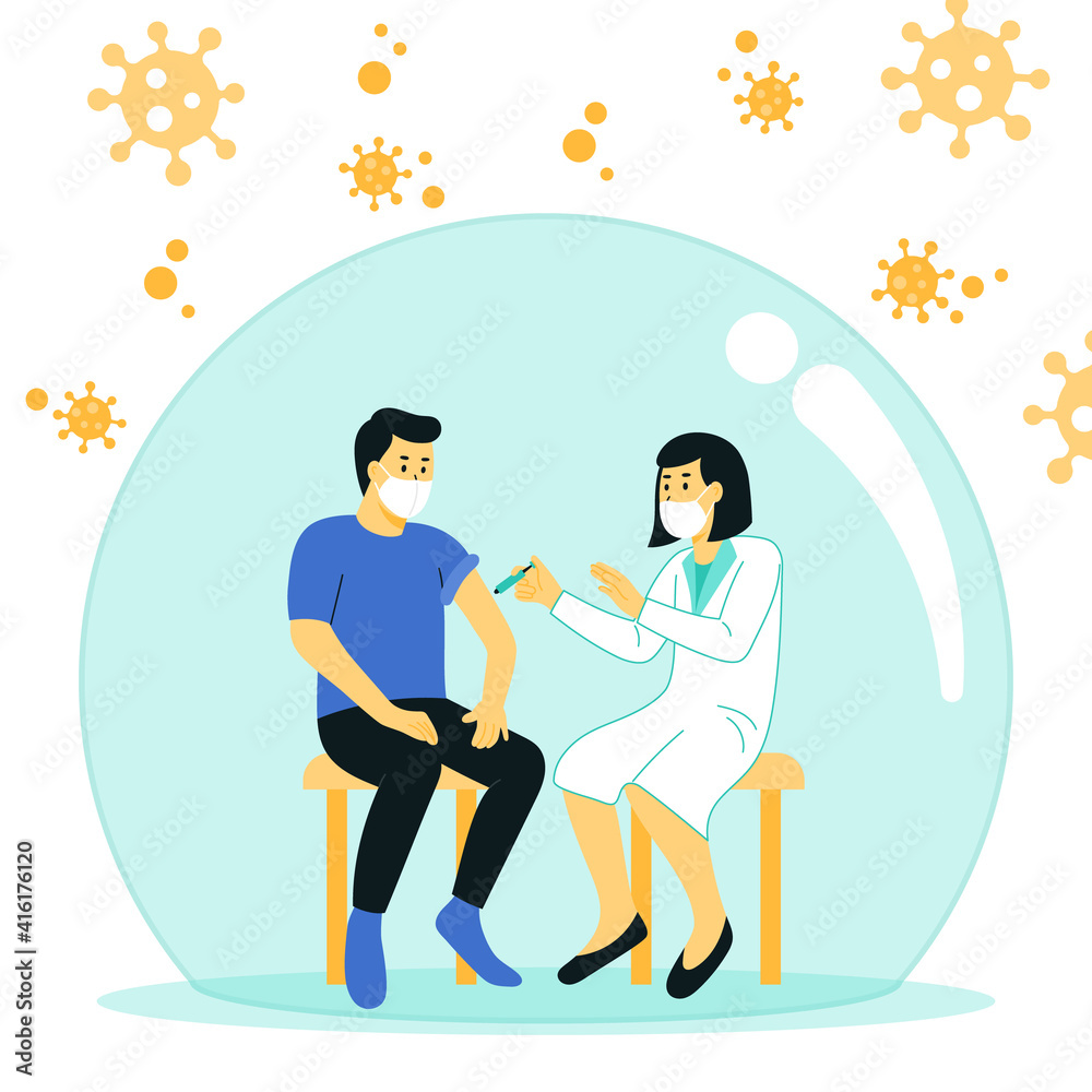 Fototapeta premium Vaccination concept for immune health. Concept of vaccination, the man in a shield protected from the virus is a metaphor for vaccination.