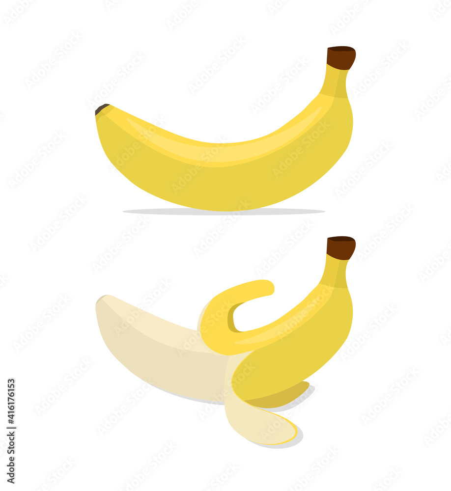 Banana whole and peeled isolated on white background. Flat vector illustration