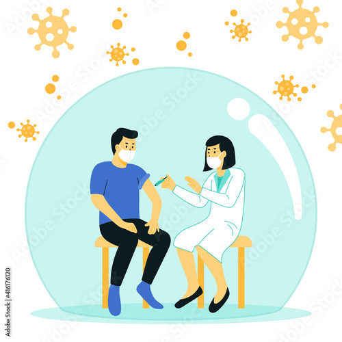 Vaccination concept for immune health. Concept of vaccination, the man in a shield protected from the virus is a metaphor for vaccination.