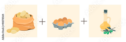 Potatoes plus eggs plus olive oil. Vector illustration of a step by step recipe. Spanish potato omelet.