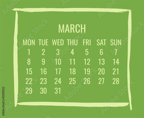 March year 2021 monthly brush stroke green calendar