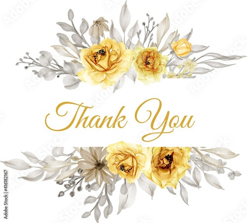 Watercolor gold yellow rose flower with Thank you