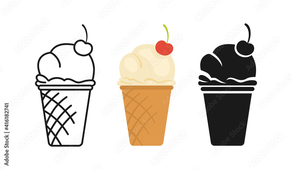 Vanilla Ice Cream in Waffle Cup with Cherries cartoon set, line icon and black glyph style. Hand drawn sketch Ice cream. Bright summer collection sweet food. Isolated cute dessert vector illustration