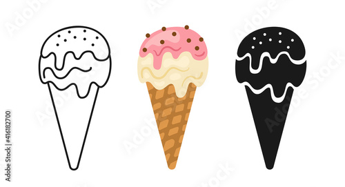 Vanilla Ice Cream melts horn cartoon set, line icon and black glyph style. Kawaii bright summer collection sweet fast food. Comic sketch cone Ice cream. Isolated dessert vector illustration