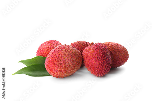 Fresh ripe lychees on white background. Exotic fruit