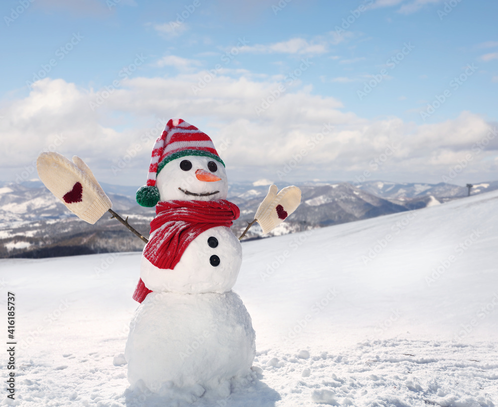 Fototapeta premium Funny snowman outdoors on sunny day, space for text